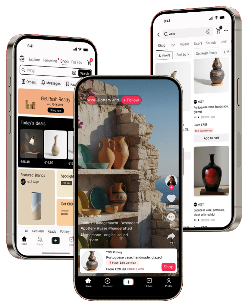 TikTok Shop interface — discovery, video, and product search across three phones